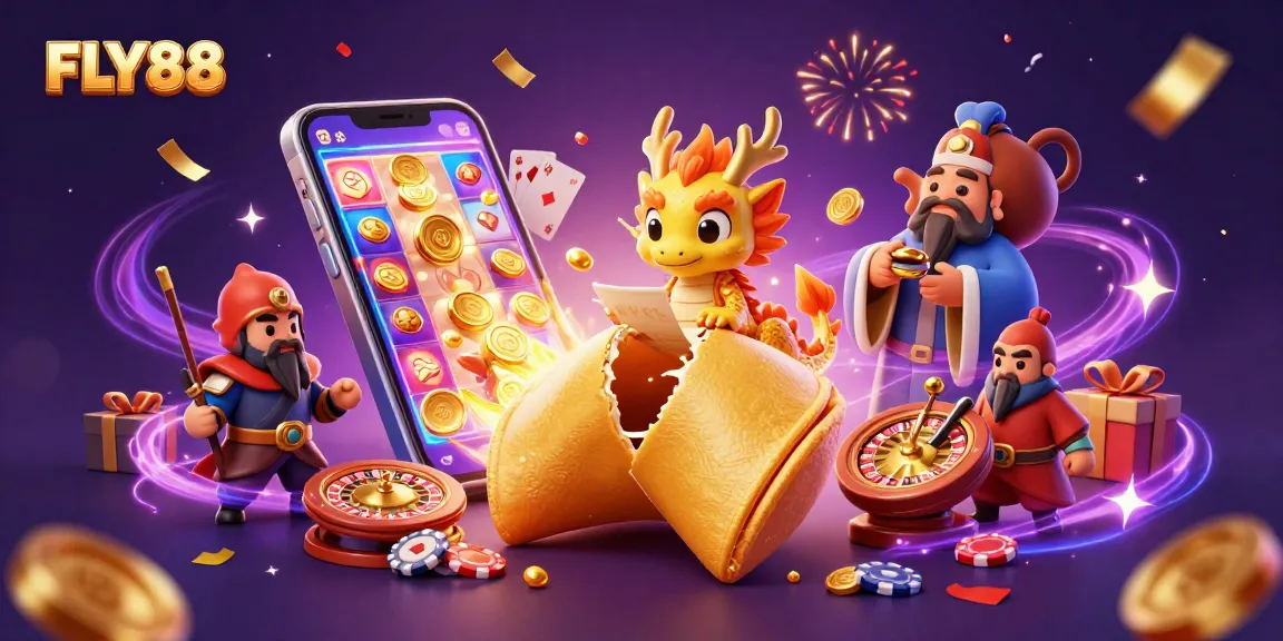 Engage with FLY88's exciting world through vibrant golden characters, casino elements, and festive visuals.