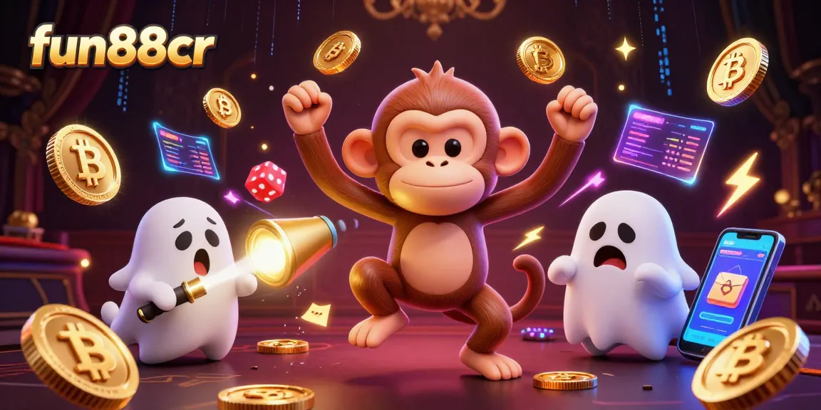 Engage with fun88cr as a mischievous poltergeist monkey juggles golden coins in a haunted casino.