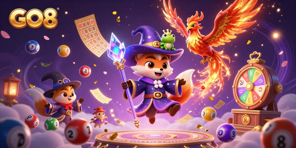 Engage in thrilling games at GO8 with a mystical fox wizard and a phoenix in a vibrant, magical casino scene.