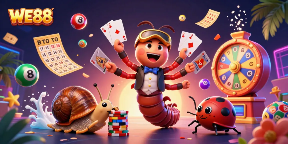 Engage with WE88's exciting casino atmosphere as characters celebrate big wins amidst vibrant game displays.