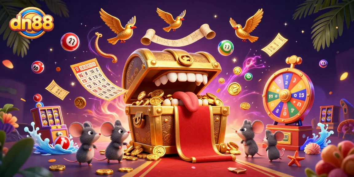 Engage with dn88's thrilling lottery experience featuring a dynamic treasure chest and vibrant game elements.