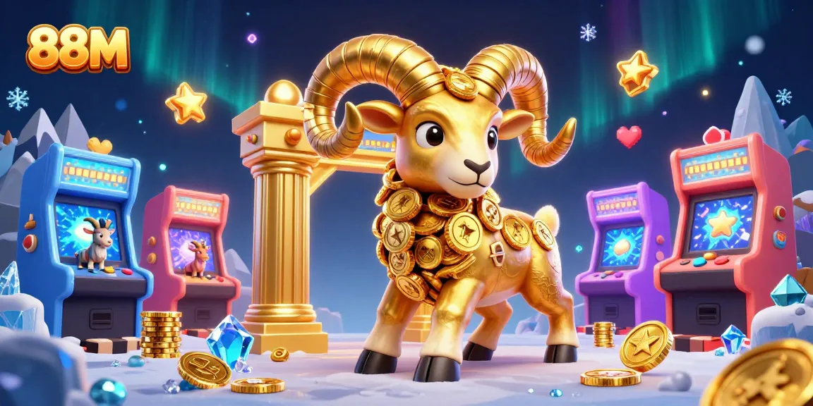 88M excitedly showcases a golden ram charging through a vibrant casino scene filled with games and prizes.