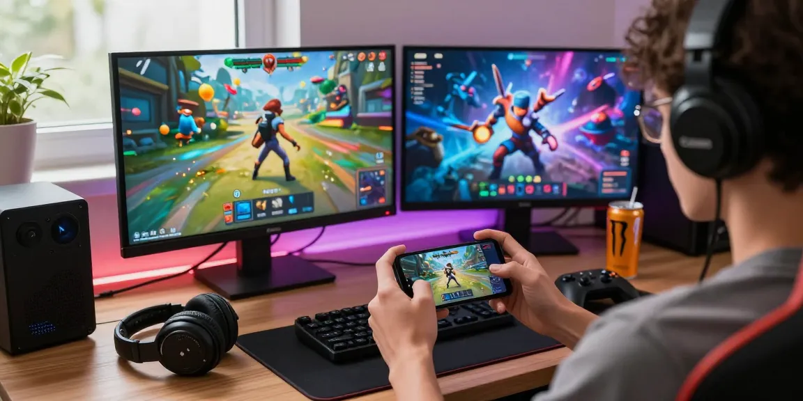 Dynamic gaming experience on slot7000 platform, mobile user with gaming accessories.