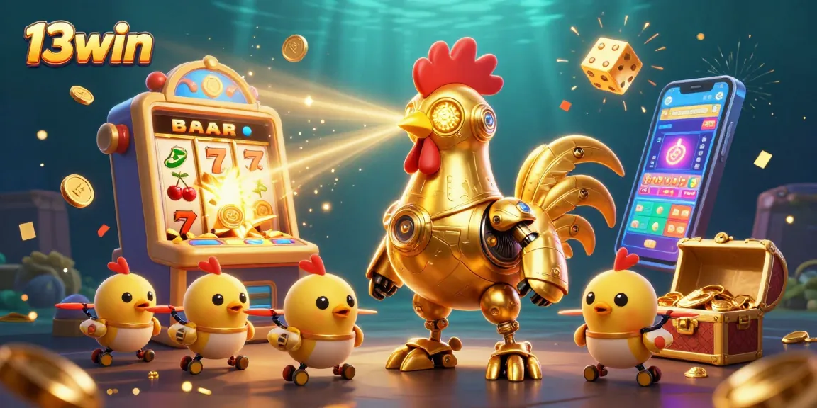 Experience the thrilling 13win casino atmosphere with a vibrant golden rooster robot and treasure-filled slot machine.