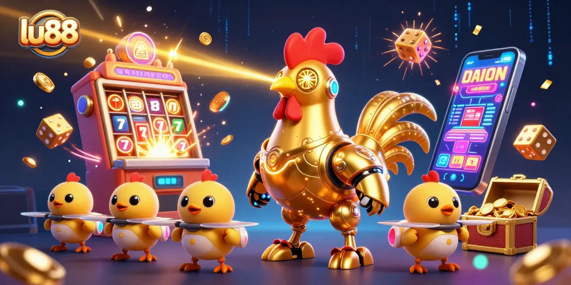 Experience the excitement of lu88 with a vibrant 3D illustration featuring a golden rooster robot and dynamic casino elements.