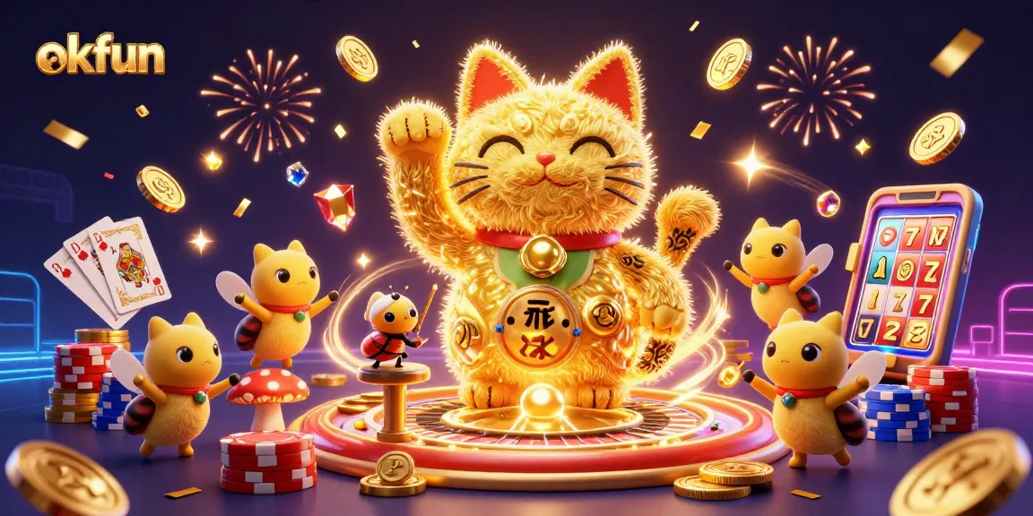 Experience the vibrant okfun atmosphere with a lively lucky cat and exciting casino elements.