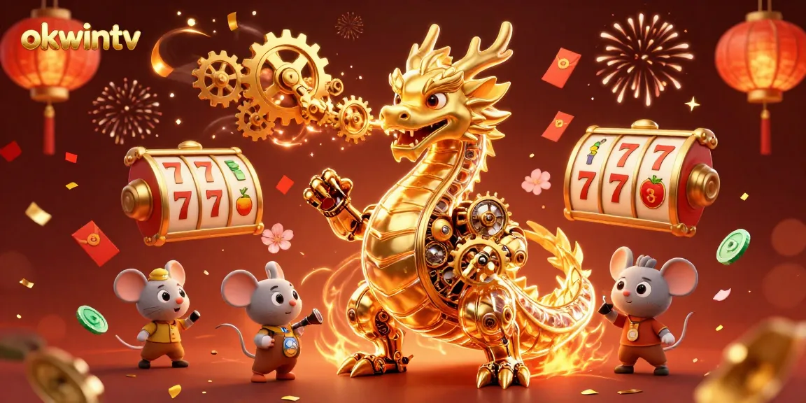 Experience thrilling gameplay with okwintv's 3D casino showdown featuring golden dragon, slot reels, and celebration elements.