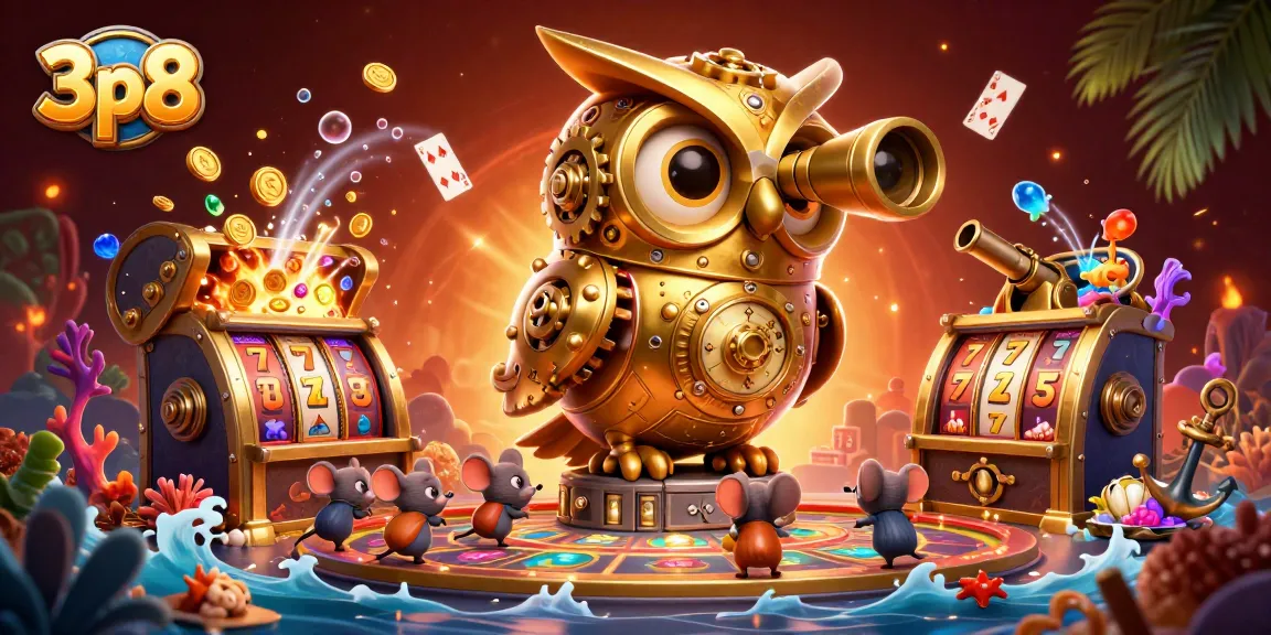 Engage with 3p8's thrilling casino atmosphere featuring a clockwork owl amidst vibrant game elements.