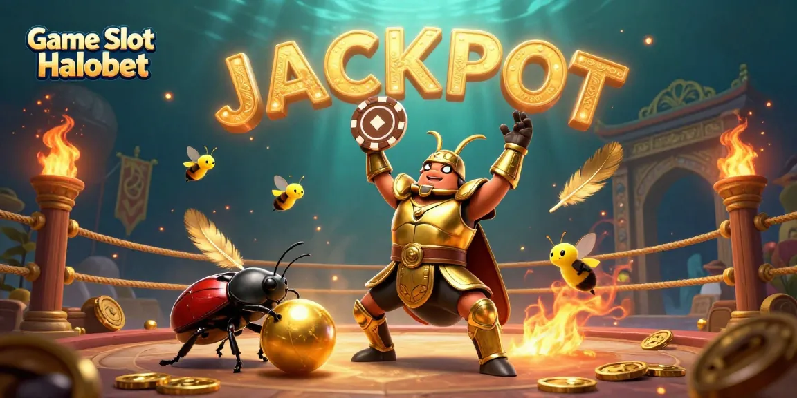 Engage with Game Slot Halobet in a vibrant 3D scene showcasing beetles and jackpots.