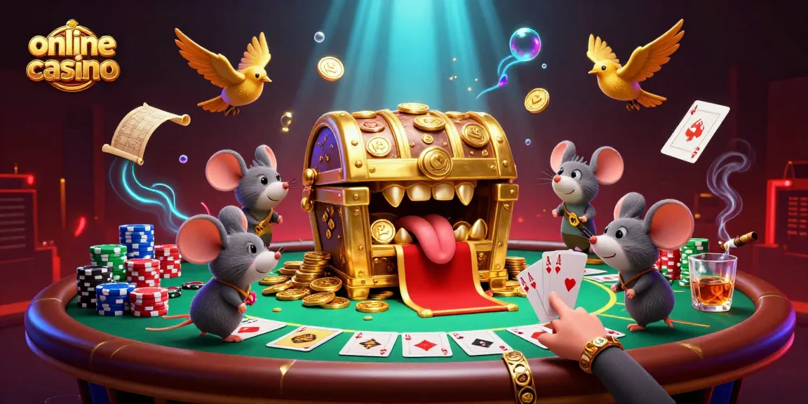 Engage with the online casino experience featuring a lively treasure chest and poker table.