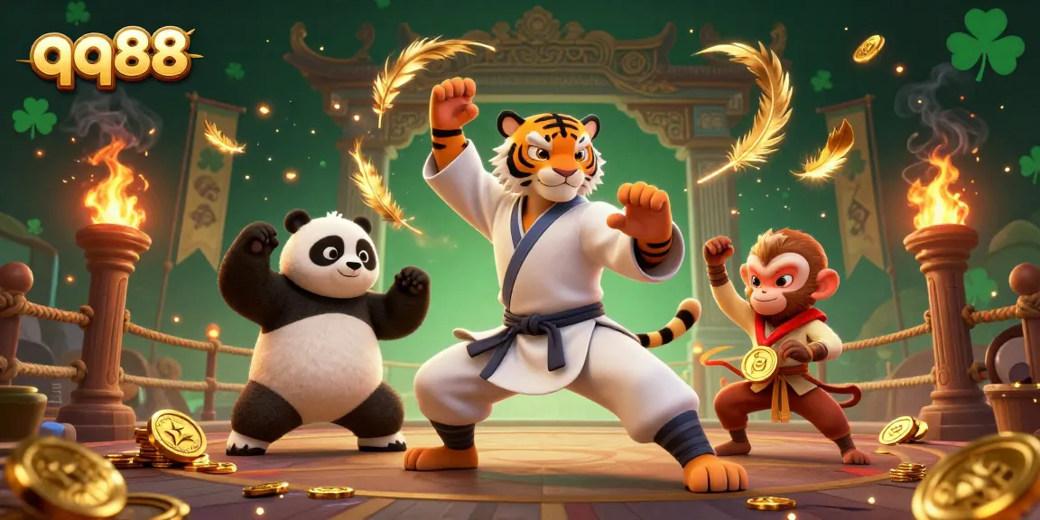 Engage in exciting gameplay at qq88 with a 3D illustration of a kung fu tiger master and friends in a dynamic casino setting.