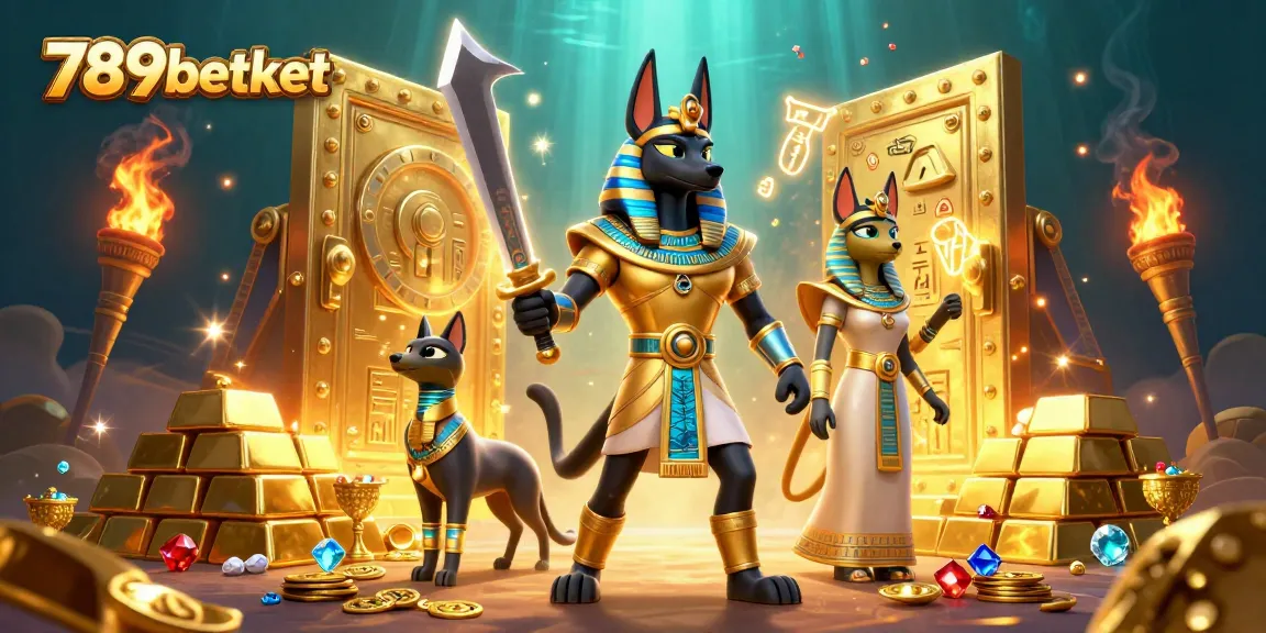 Experience the thrill of winning at 789betket with Anubis and Bastet surrounded by treasure.