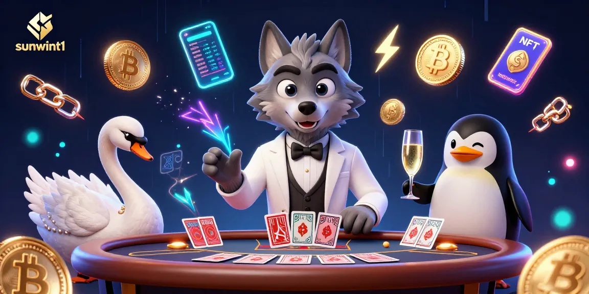 Engage with top casino games at sunwint1, featuring a charming wolf at a baccarat table.