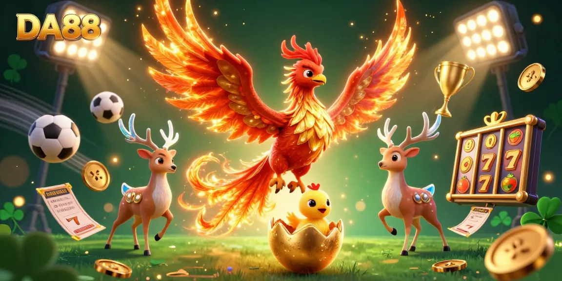 Experience the thrill of DA88 with vibrant phoenixes and sports elements in a stunning 3D scene.