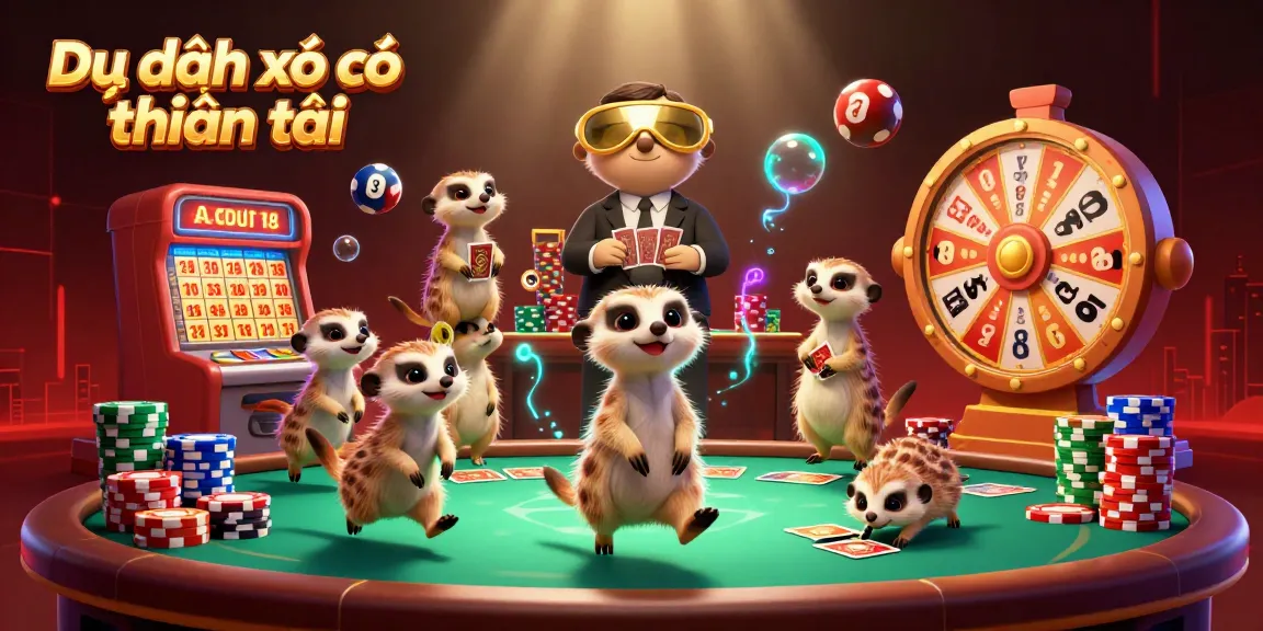 Dự đoán xổ số thần tài with dynamic meerkats in a casino scene featuring lottery elements and vibrant colors.