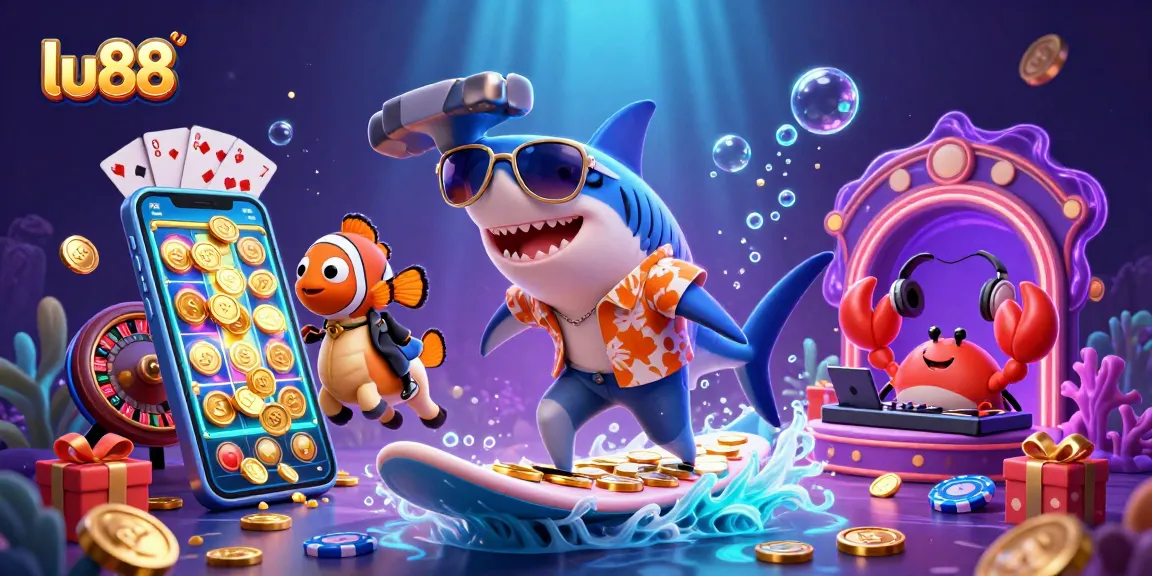 Experience thrilling online gaming at lu88 with vibrant casino characters and action-packed scene.
