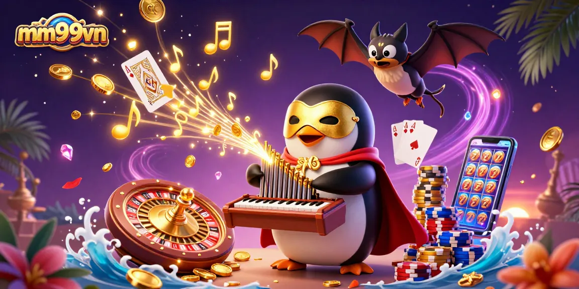 Experience thrilling gameplay at mm99vn with our dynamic cartoon illustration featuring entertainment and casino excitement.