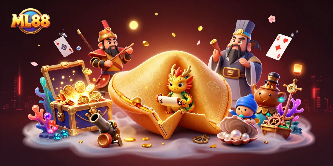 ML88 captures the exhilarating thrill of winning with gold coins and fortune cookies in a vibrant casino setting.