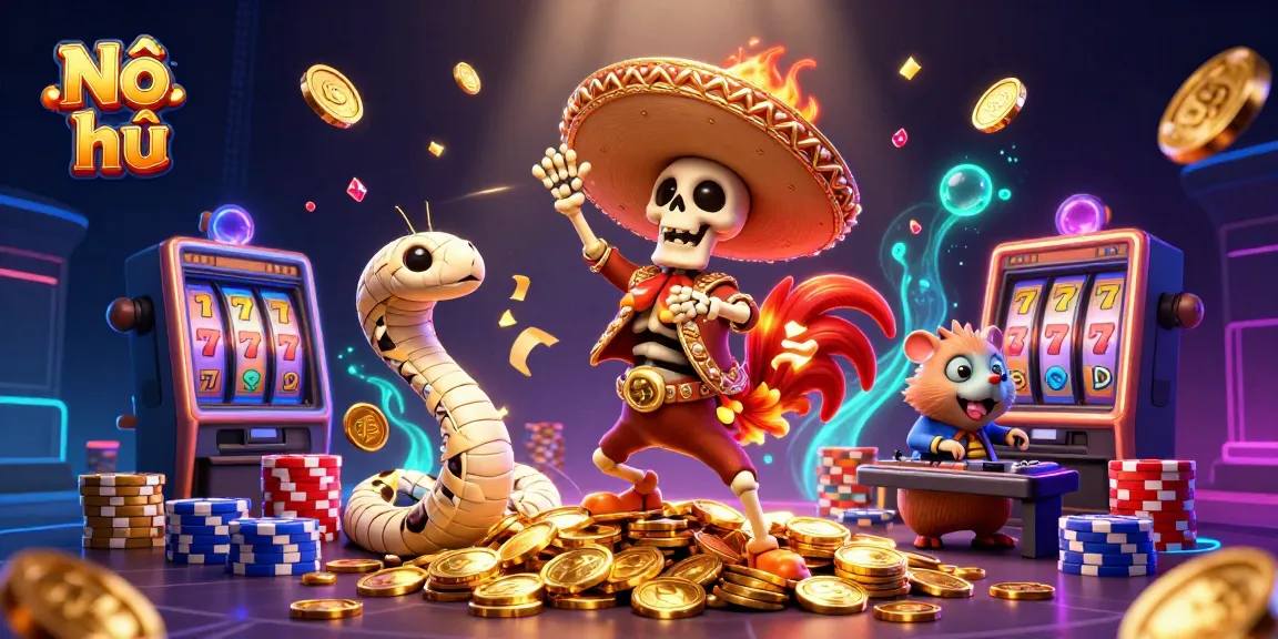 Nổ hũ spins to victory with a lively mariachi rooster, mummy snake, and DJ hamster, surrounded by vibrant slot symbols.