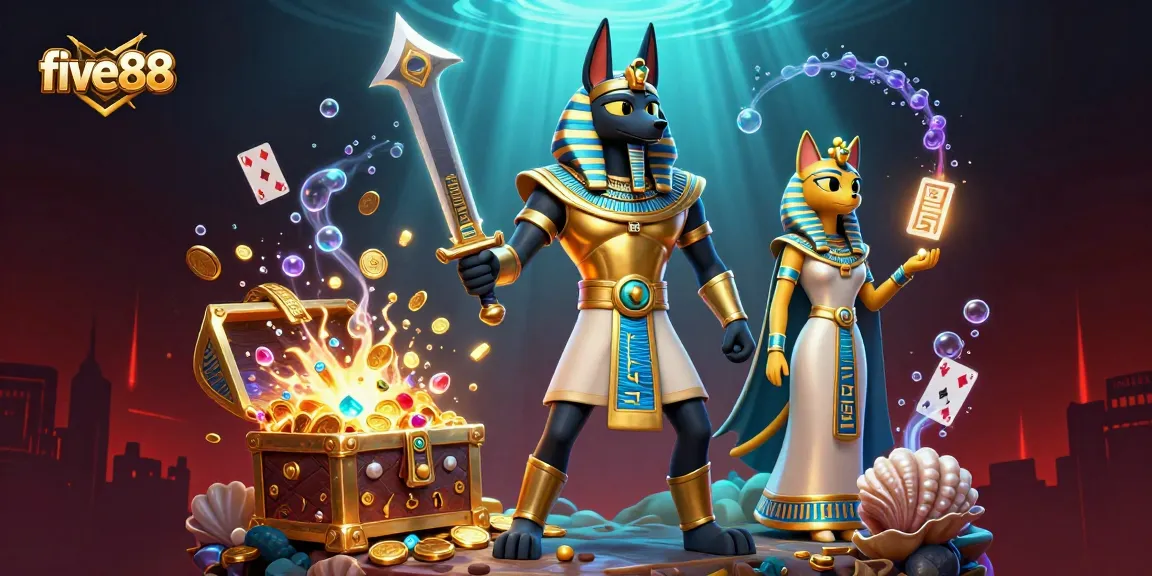 Experience exhilarating gameplay at five88 with Anubis and Bastet in a vibrant casino scene