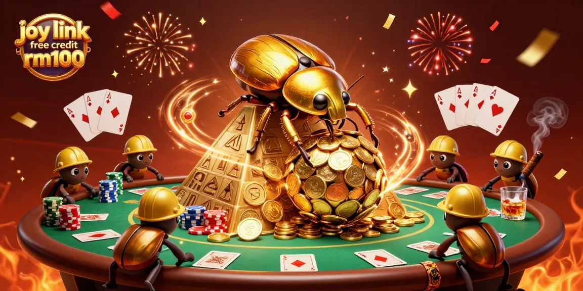 Joy link free credit rm100 reveals vibrant golden beetles rolling coins among casino symbols in a dynamic scene.