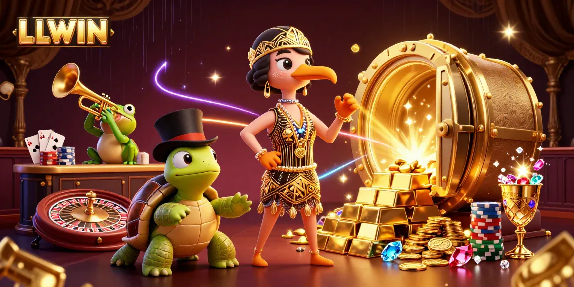 LLWIN showcases a vibrant casino scene with a turtle, crane, and frog amidst golden treasures and gaming elements.