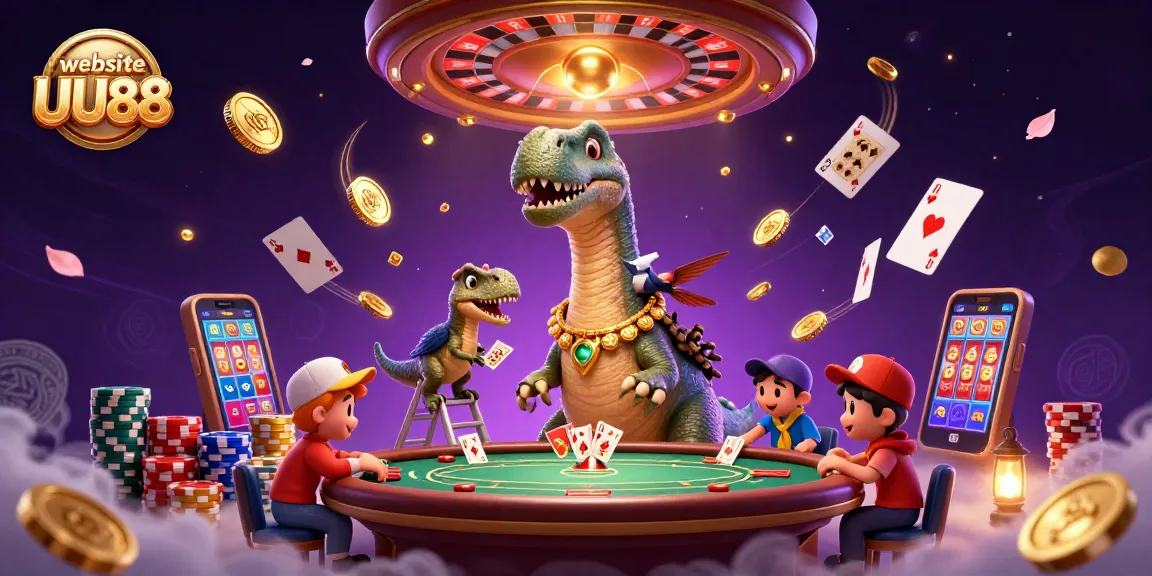 Experience the excitement at website UU88 with a fantastic 3D casino scene featuring dynamic characters.