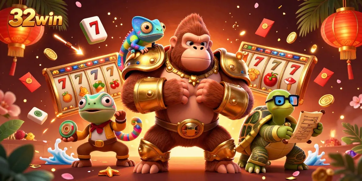 32win showcases a vibrant casino scene with a gorilla king and dynamic game elements for betting excitement.