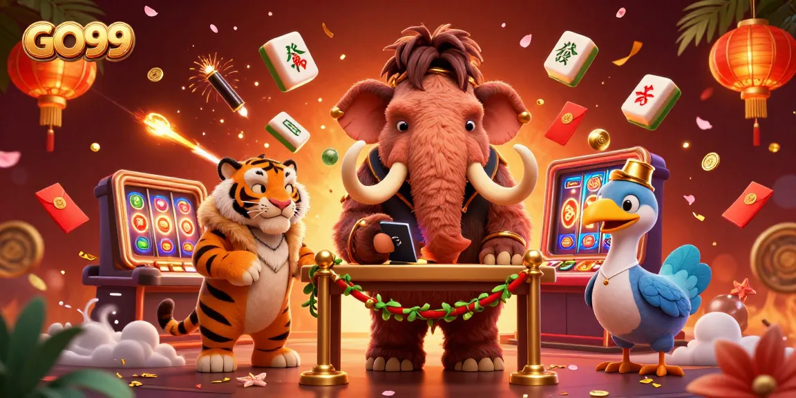 Experience the thrill with GO99's vibrant casino scene featuring a mammoth bouncer and lucky symbols.