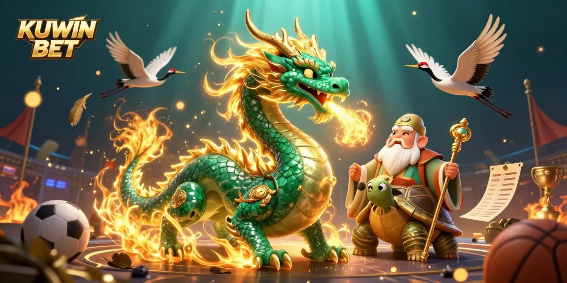 Experience thrilling action with KUWIN BET featuring a jade dragon, turtle sage, and lucky cranes in a vibrant sports betting scene.