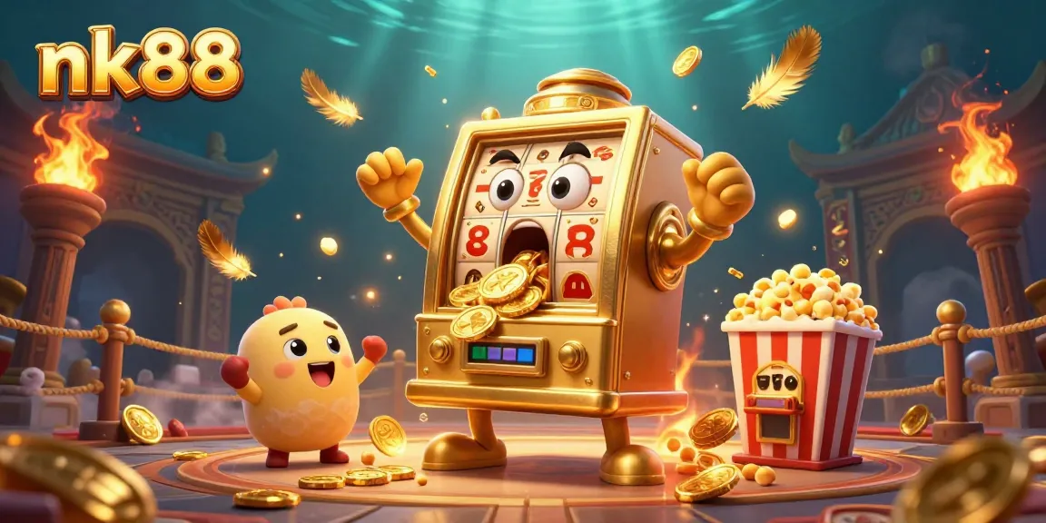 nk88 jackpot celebration with golden slot machines and festive casino elements.