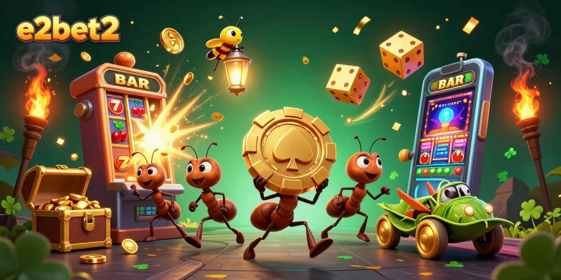 Experience excitement with e2bet2 as cartoon ants heist golden poker chip in a vibrant casino scene.
