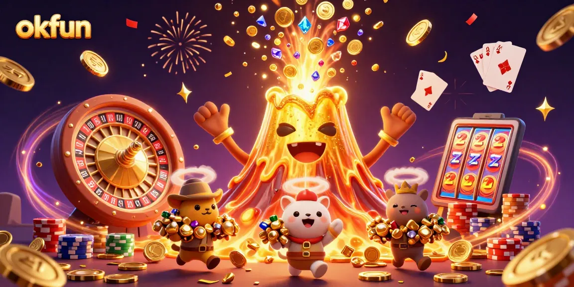Experience exciting jackpots and treasures at okfun with a vibrant 3D casino scene.
