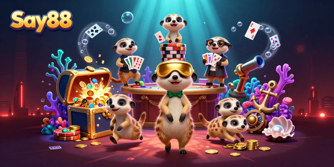Experience thrilling gaming with Say88's vibrant casino scene featuring playful meerkats managing games.