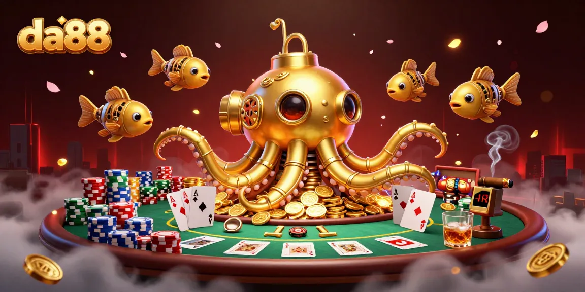 Experience the excitement of da88 as the golden kraken submarine navigates a sea of coins and poker elements.