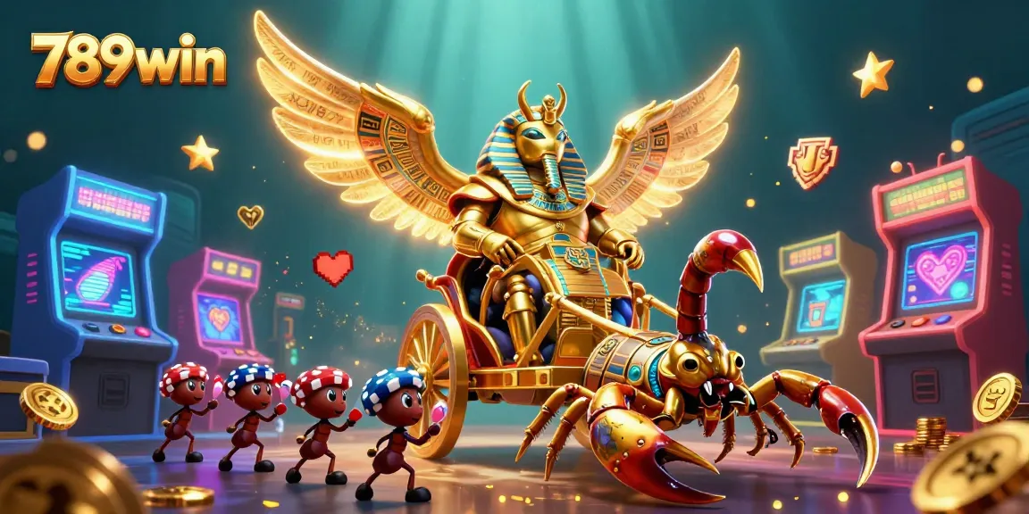 Experience thrilling gameplay at 789win with a vibrant casino scene featuring a golden scarab and gaming elements.