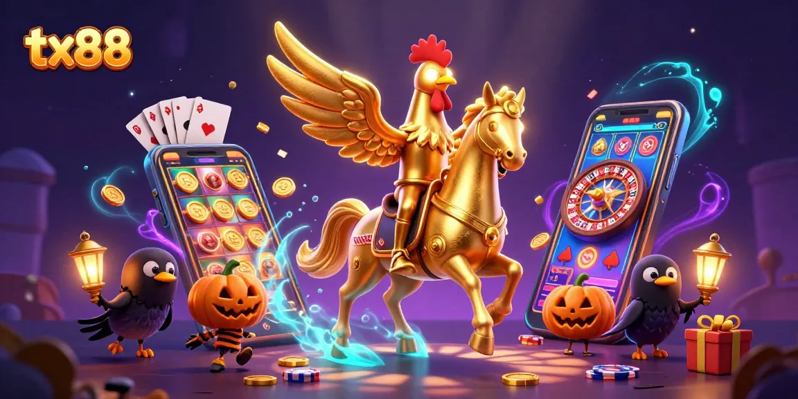 Experience thrilling gaming with tx88, showcasing a vibrant casino scene filled with slot machines and festive characters.
