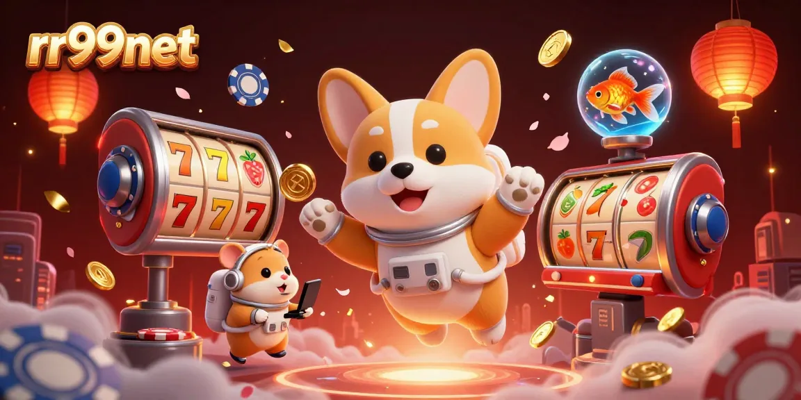 rr99net showcases a vibrant space casino scene with a corgi astronaut surrounded by floating slot reels and poker chips.
