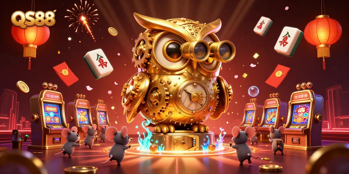 Experience the excitement of QS88 with a golden owl scanning the casino floor surrounded by lively gaming elements.