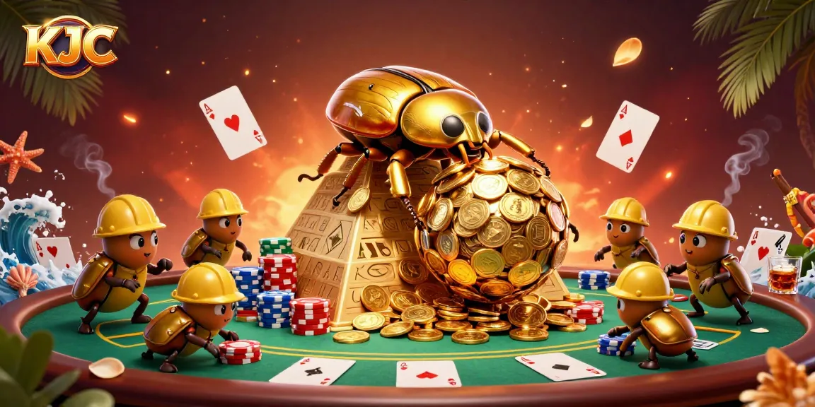 KJC brings thrilling casino excitement with golden coins and poker action in vibrant illustration.