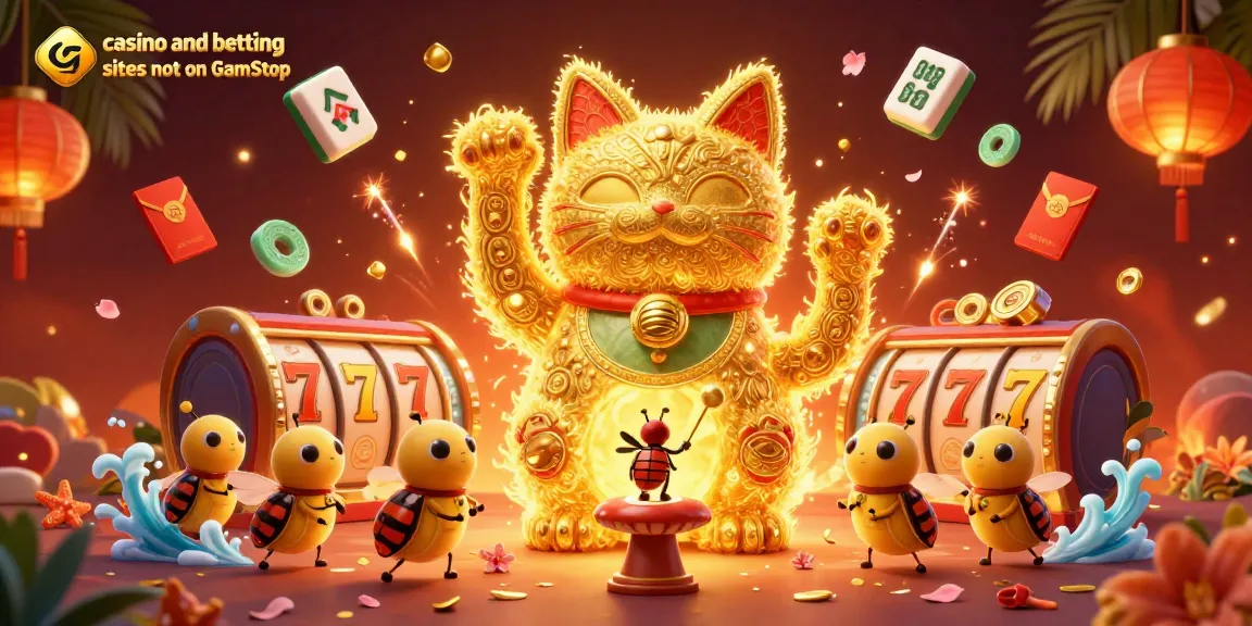 Join the excitement with casino and betting sites not on GamStop featuring a lucky cat and dynamic gaming symbols.