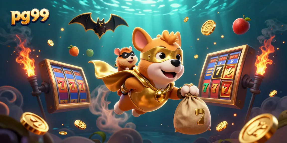 Experience exciting casino thrills with pg99 as a superhero dog carries gold coins in a vibrant scene.