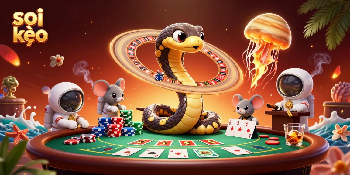 Bettors engage in soi kèo while enjoying a cosmic poker scene with a snake roulette wheel.