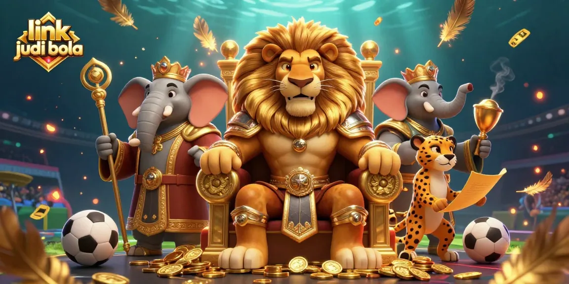 Experience link judi bola through a vibrant scene with a lion king, elephant advisor, and cheetah in sports betting action.