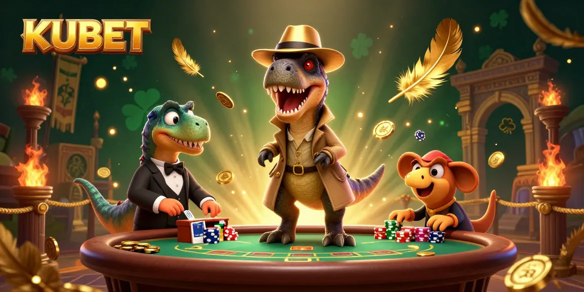 Win big with KUBET at a lively blackjack table featuring a velociraptor card counter and more!