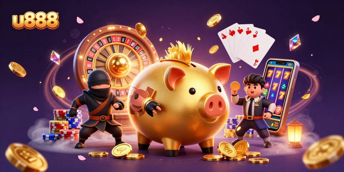 Experience thrilling wins with u888 in a vibrant 3D casino illustration featuring dynamic characters and game elements.