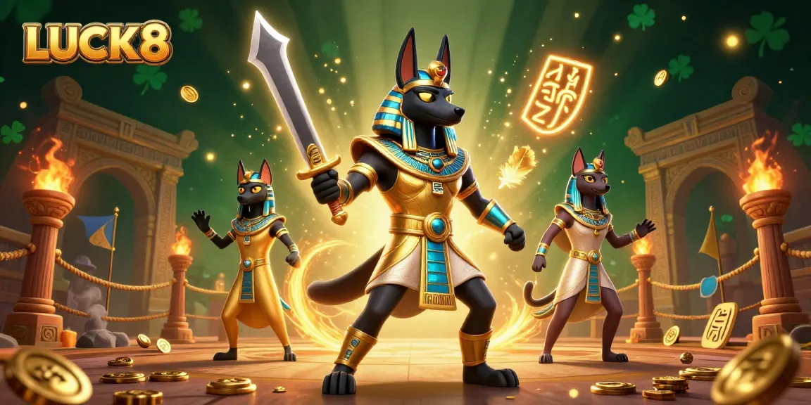 LUCK8 brings excitement with Anubis and Bastet amidst glowing symbols and coins