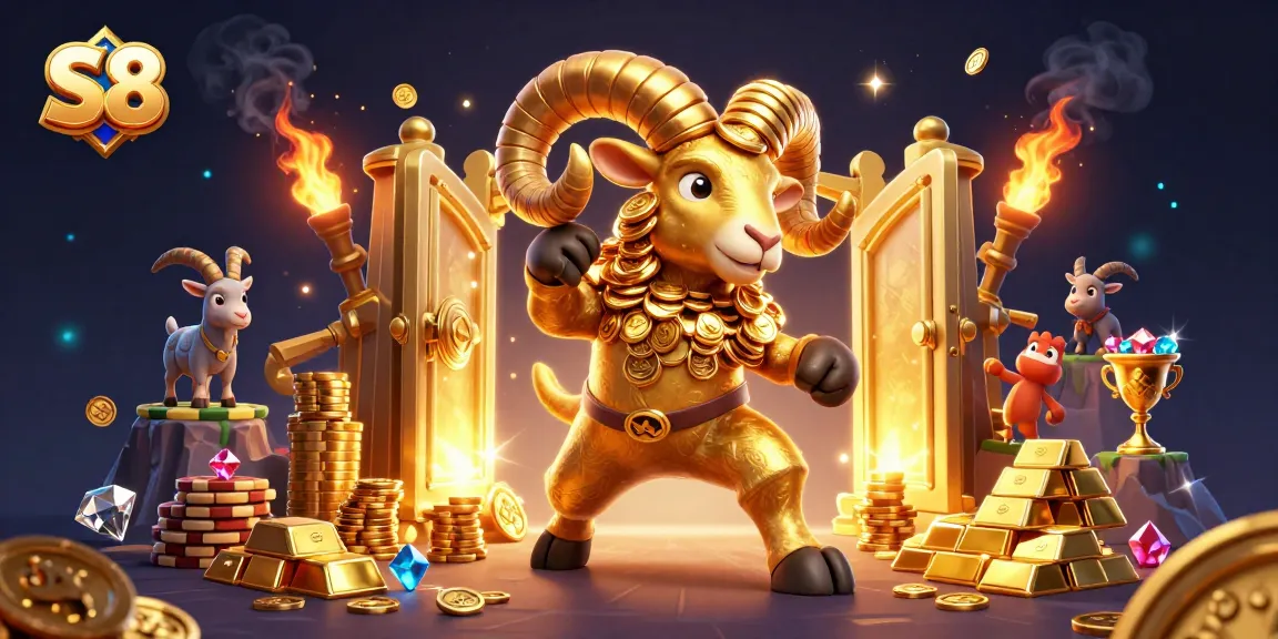 S8 promotes a winning atmosphere with a golden ram charging through a treasure vault, captivating gamers.