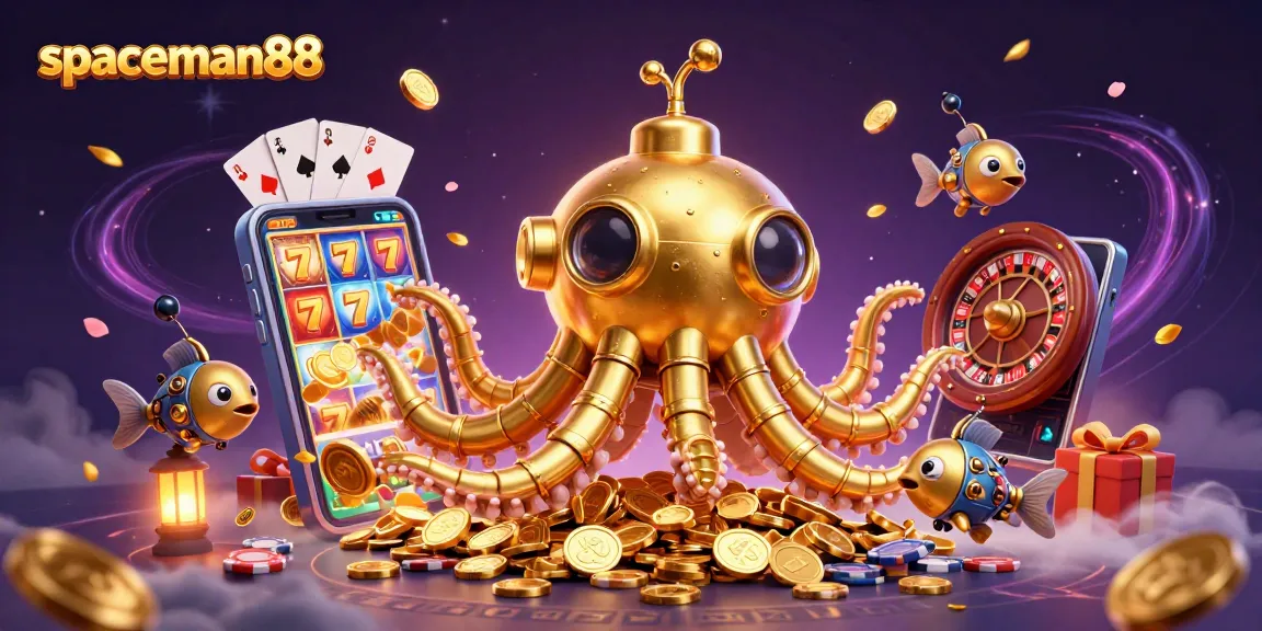 Experience the adventure of spaceman88, featuring a golden kraken submarine amidst vibrant casino elements.